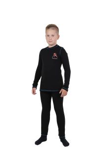 Children's set Thermal underwear. Sport for boys 1251-Rn (black) Composition: Cotton 51%, PE 45%, elastane 4% / Ribna with fleeceThe thermal underwear for children consists of a jersey and underpants. Tight-fitting sweatshirt, long sleeves, construction lines marked with contrast stitching. The round mouth is processed by turning. On the shelf in the upper part of the embroidery. Underpants of an anatomic cut with a one-piece belt on an elastic band. The bottom of the product, the bottom of the sleeves and underpants are processed with a seam in the hem. Parameters: 140-72-63 (34 size) 146-72-63 (36 size) 152-76-66 (38 size)