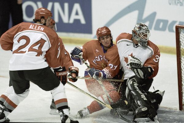 Players of the national team of Russia and Canada during the match of the hockey tournament Baltic Cup