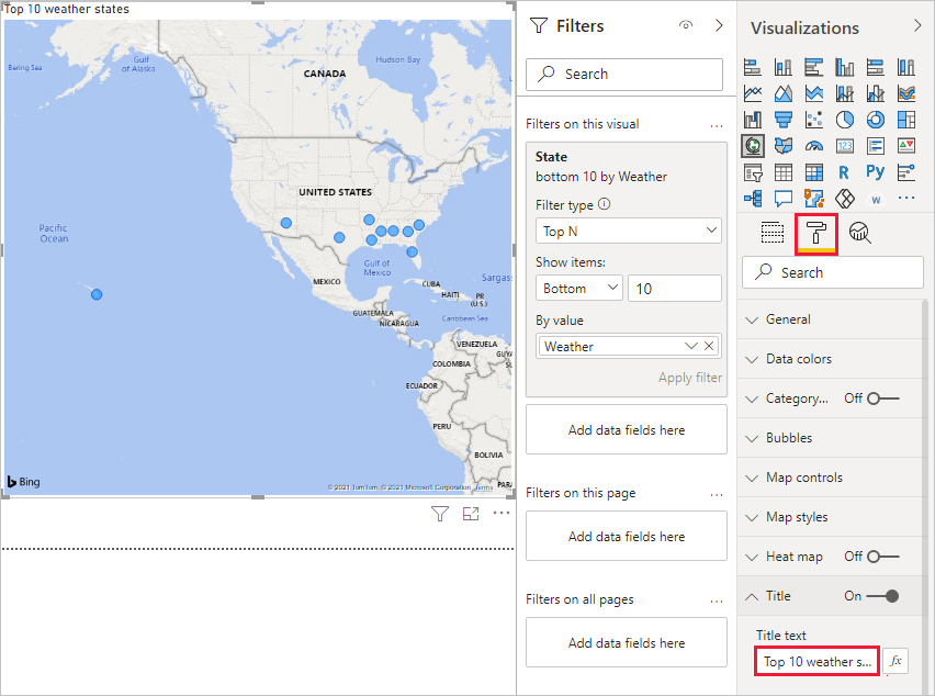 Screenshot of Power B I Desktop showing the Change Title field in the Visualization pane.