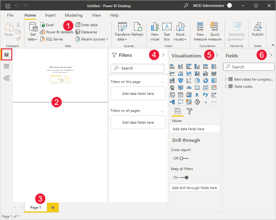 Screenshot of Power B I Desktop showing the Report view.